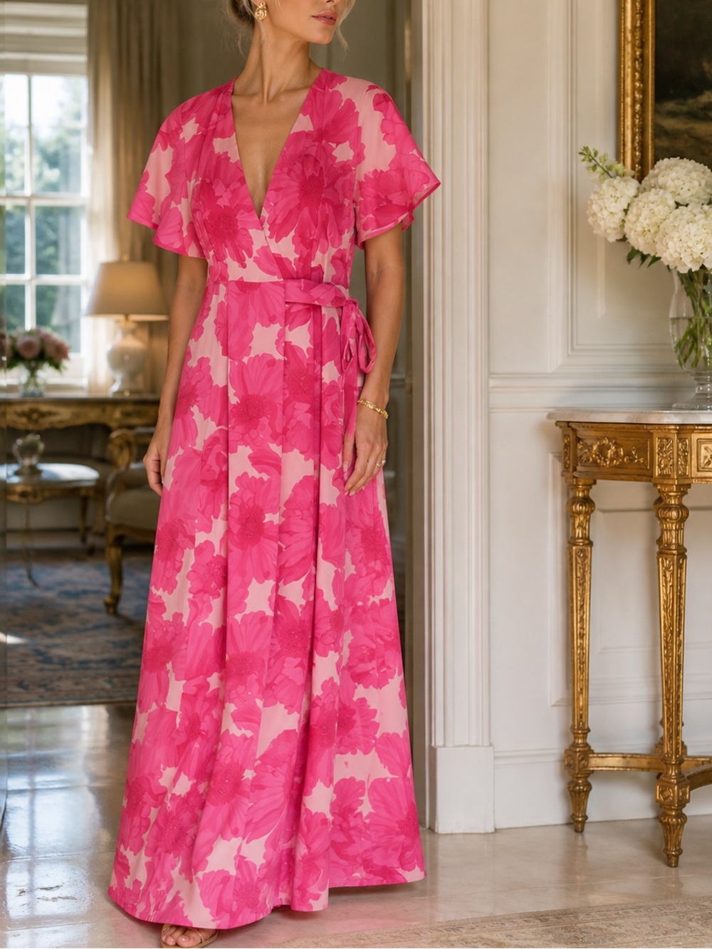 HUTCH Pink Floral Wrap Maxi Dress Flutter Sleeve Women’s Small NWT - Picture 1 of 4